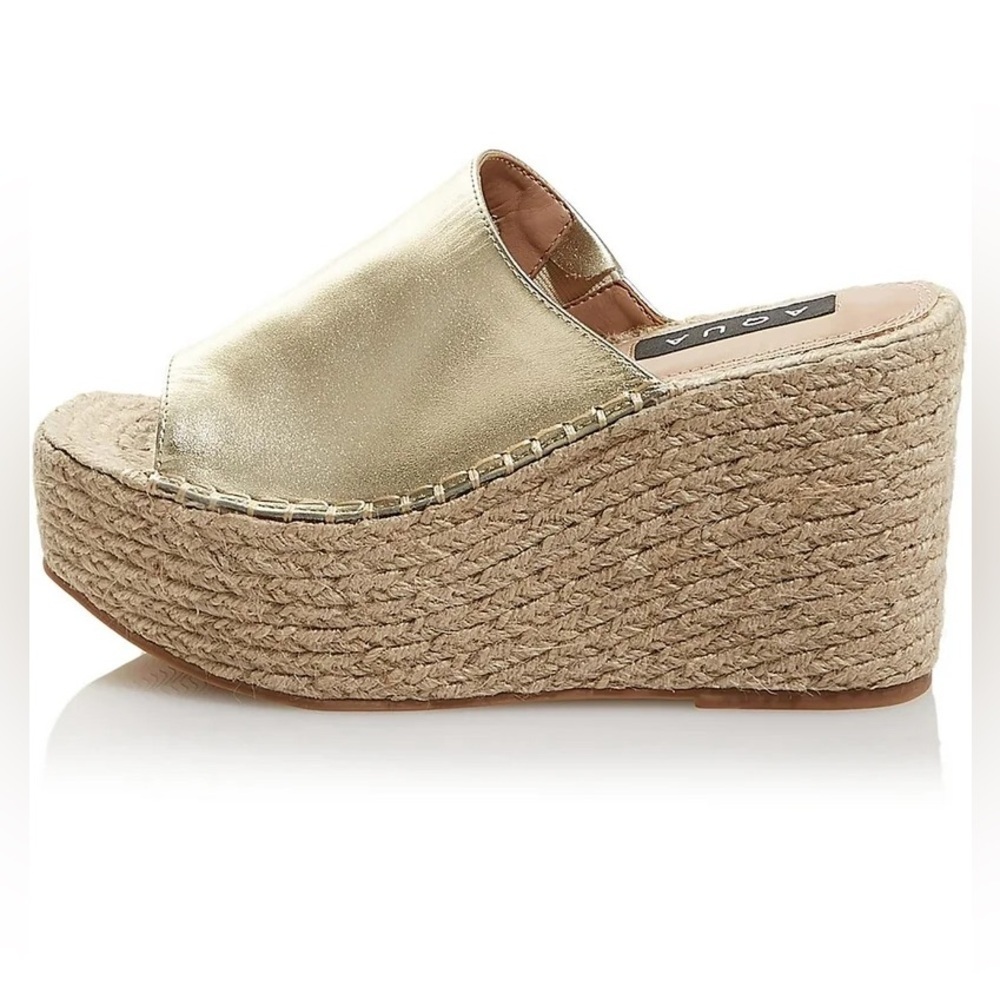 NWT Aqua Jacy Gold Leather Espadrille Platform Wedges — 7.5 | Summer Staple - Picture 2 of 14